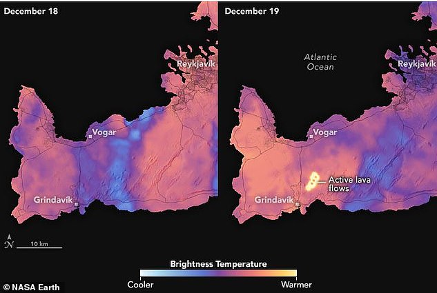 These satellite images show how the intense heat of the lava resulting from the eruption (right) contrasts sharply with the cold climate before the explosion (left).