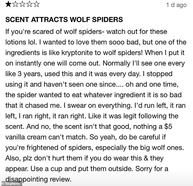 Reviewers of the Delícia Drench Body Butter for Intense Moisture and Skin Barrier Repair claimed that the body butter attracts wolf spiders