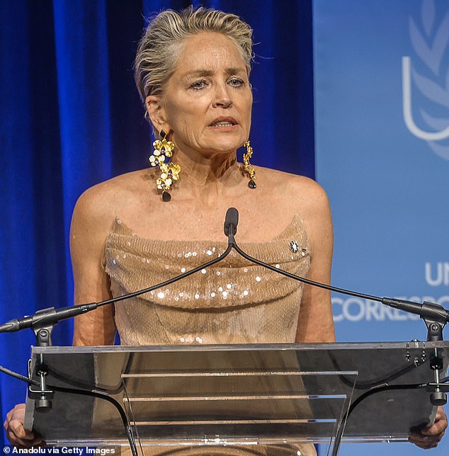 Sharon Stone radiated agelessly as she took the stage at the United Nations Awards Gala in New York on Friday