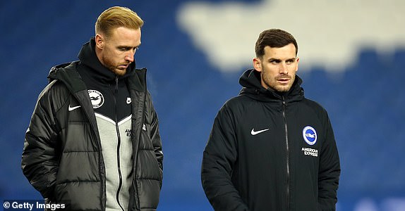 BRIGHTON, ENGLAND – DECEMBER 06: Jason Steele and Pascal Gross of Brighton & Hove Albion inspect the pitch ahead of the Premier League match between Brighton & Hove Albion and Brentford FC at the American Express Community Stadium on December 6, 2023 in Brighton, England.  (Photo by Steve Bardens/Getty Images)