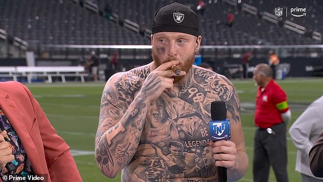 Maxx Crosby smoked a cigar live on the set of Amazon Prime Video after the Raiders' win