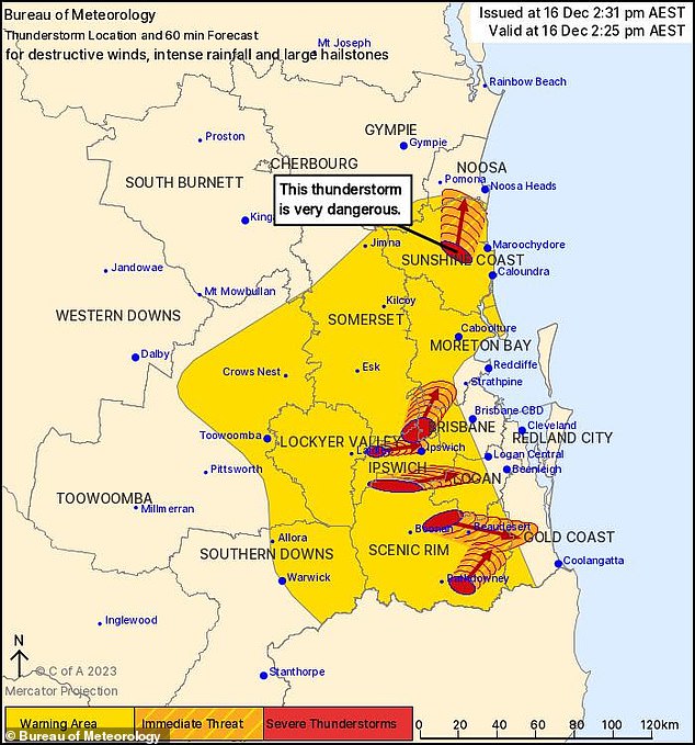 A child is in critical condition after being struck by lightning during heavy storms in south-east Queensland (pictured, a forecast of storms for Saturday)