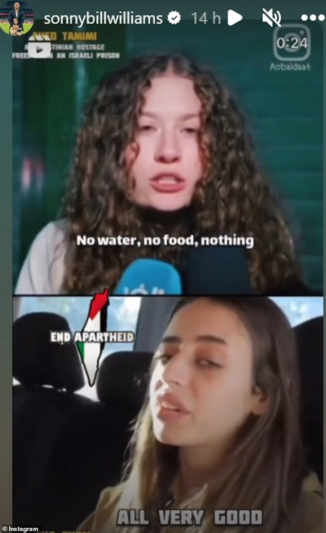 The former footy star shared a meme showing Israeli woman and released hostage Mia Schem (below) complaining about her 'good' treatment by Hamas and Palestinian activist Ahed Tamimi (above) complaining about her treatment in an Israeli prison