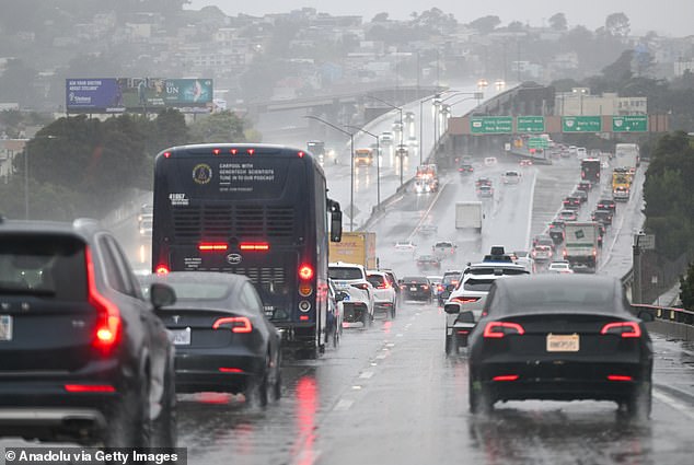 Heavy rain poured down busy Highway 101 in the San Francisco Bay Area on Wednesday