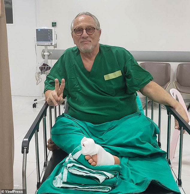 The Netflix Squid Game star is pictured in hospital after accidentally cutting his toes with a chainsaw