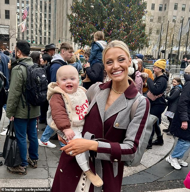 Shimkus gave baby Brock his first Christmas experience (photo at Rockefeller Center in New York).  'Christmas approaching is really nice.  We just took pictures with Santa and he's such a friendly baby and he goes along with everyone and smiles at everyone - but he had a complete meltdown on Santa's lap.  I have some really nice pictures,” she laughed.