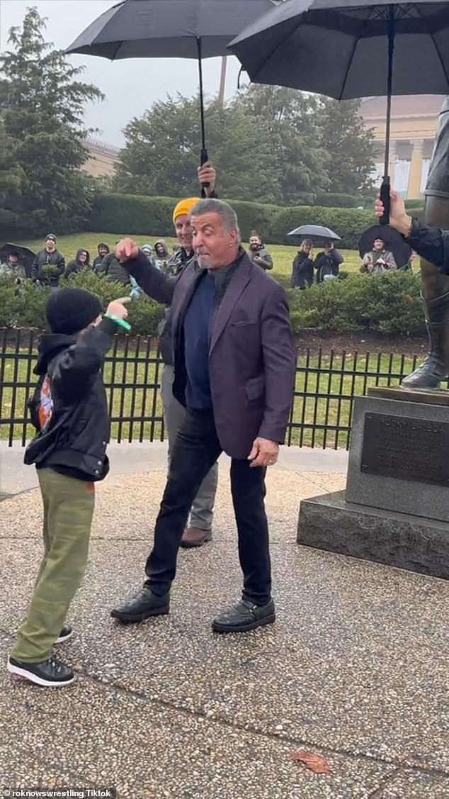 Sylvester Stallone, 77, delighted a young boy named Ro when he joined him to recite a speech from Rocky Balboa (2006) while in Philadelphia to celebrate the first Rocky Day holiday on Sunday, December 3 .