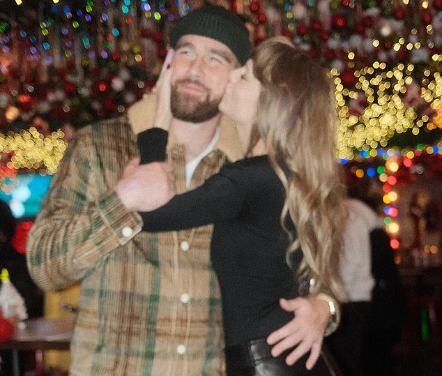 A lovestruck Taylor Swift was pictured kissing Travis Kelce on the cheek at a Chiefs game afterparty.  They spent the weekend together before she returned to New York this morning