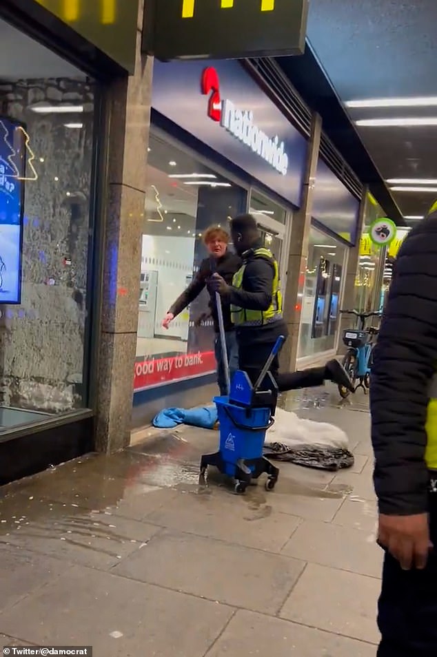 Footage shared on social media shows a man in a distinctive jacket shamelessly wetting the area where a homeless man was camping