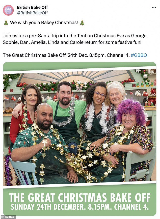 The show took to Twitter to reveal the names of the fan favorites returning, writing: 'We wish you a Bakey Christmas!  Join us for a pre-Santa trip to the tent on Christmas Eve as George, Sophie, Dan, Amelia, Linda and Carole return for some festive fun!'