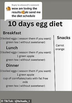 The egg diet involves eating nine boiled eggs per day, split between breakfast, lunch and dinner, as seen in this TikTok video posted by @tshudu_t