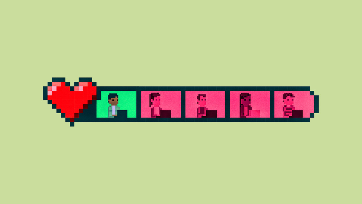 An illustration of a health bar for a pixel video game with a heart followed by pixel people.