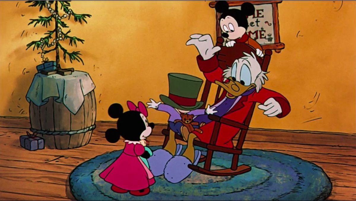 Scrooge McDuck is chased by a bunch of little mouse children while giving them presents. 