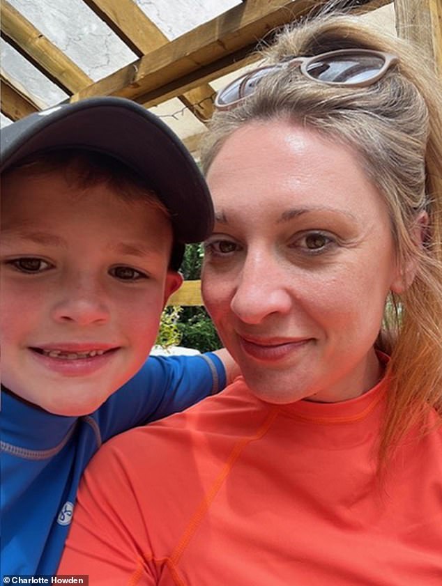 Vomiting as many as 30 times a day became the new norm for Charlotte Howden during her pregnancy in 2016. But initially she was only given the usual advice for morning sickness, such as eating little and often and trying ginger.  Pictured with her seven-year-old son Henry