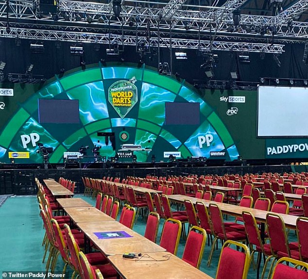 The (very green) stage is ready for the World Darts Championship at Alexandra Palace in London