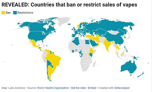 The map above shows the countries that have banned or restricted the sale of e-cigarettes.  It comes amid an international tug-of-war over the devices