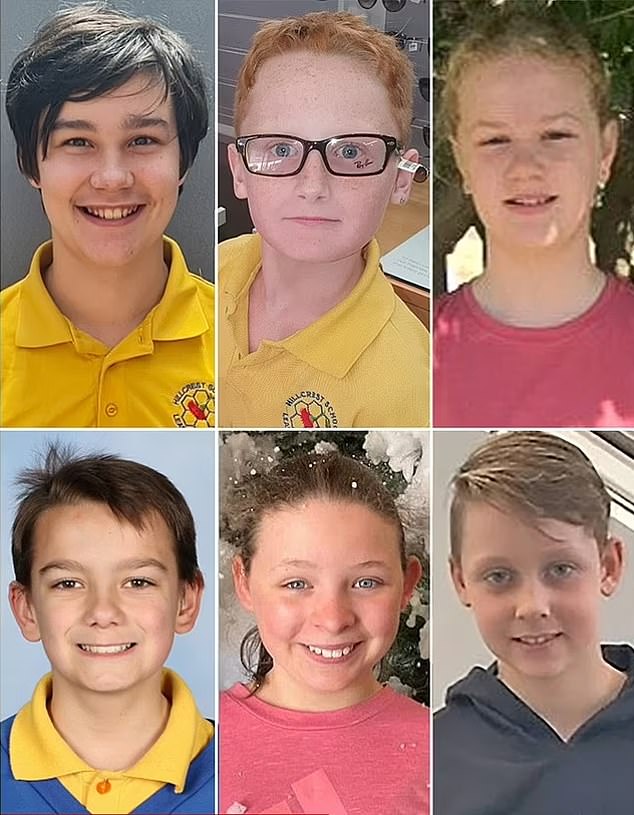 Hillcrest Primary School pupils Zane Mellor, 12, Peter Dodt, Addison Stewart, Chace Harrison, Jalailah Jayne-Maree Jones and Jye Sheehan (pictured clockwise from top left) died in the bouncy castle tragedy