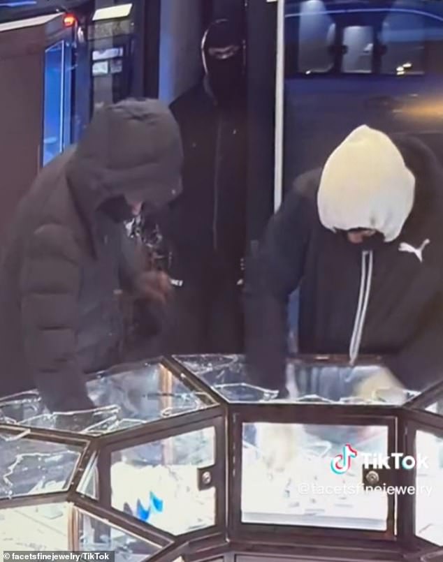 Cities across the United States have seen a dramatic increase in shoplifting since 2019, with New York City and Los Angeles suffering the most.  Pictured: Masked thieves steal $2 million worth of gemstones in New York City