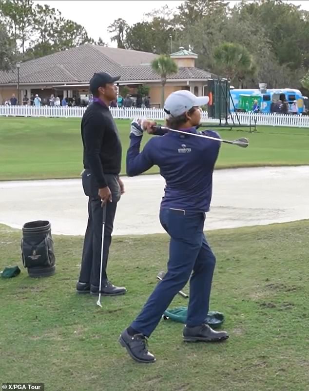 Tiger Woods dropped an F-bomb after watching his son Charlie take a practice shot on Friday