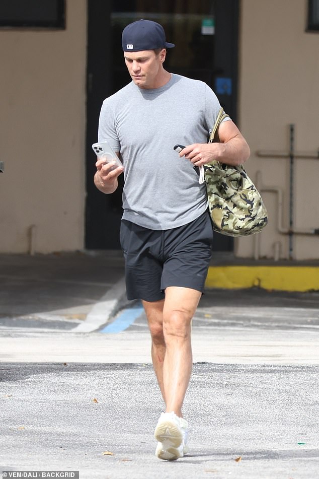 Tom Brady wore a casual look as he hit the gym on Sunday after hitting the town with Irina Shayk on Friday night