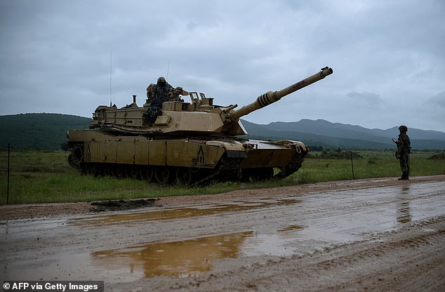 The US has also given Abrams battle tanks, seen here during a joint military training exercise with NATO members Bulgaria and Georgia, to Ukraine