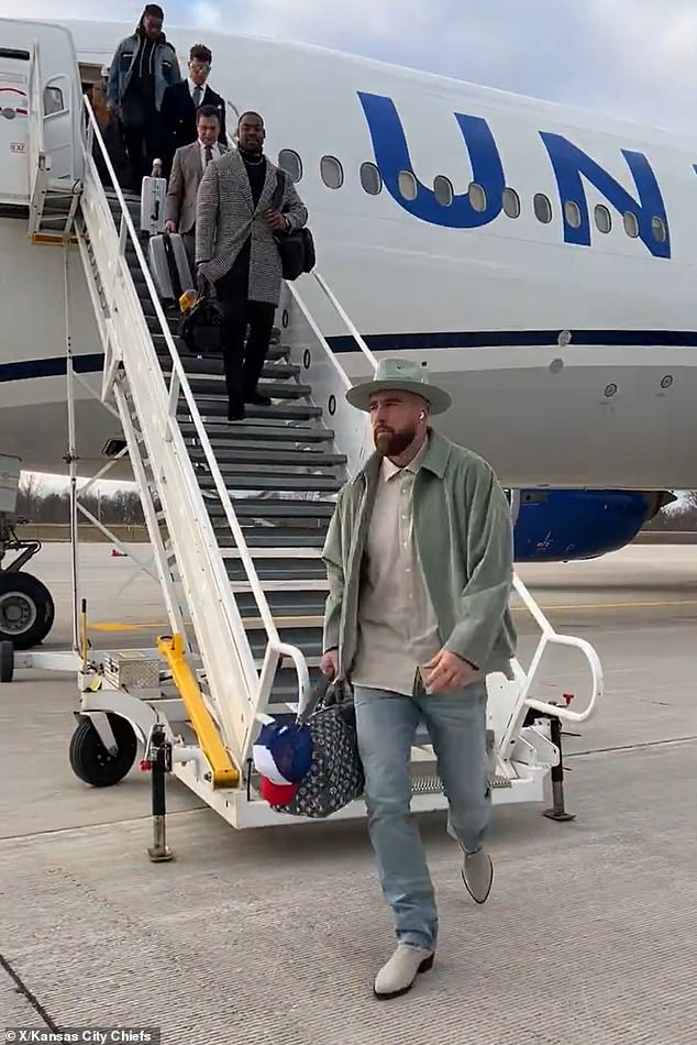 Travis Kelce and Co were filmed getting off the plane in Wisconsin on Saturday afternoon