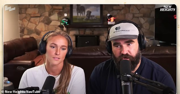 Jason Kelce's wife Kylie (left) asked her brother-in-law about his New Heights vacation