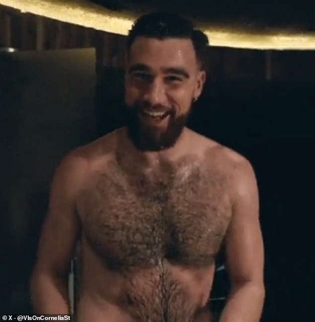 Travis Kelce has Taylor Swift fans hot under the collar on social media after a viral video showed him topless with a towel wrapped around his waist