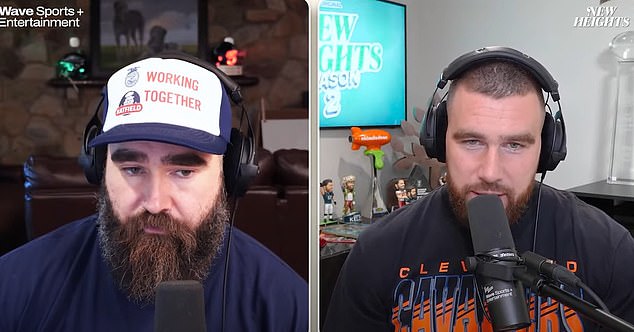 Travis (R) and Jason Kelce made some jokes while discussing NYG QB Tommy DeVito's agent