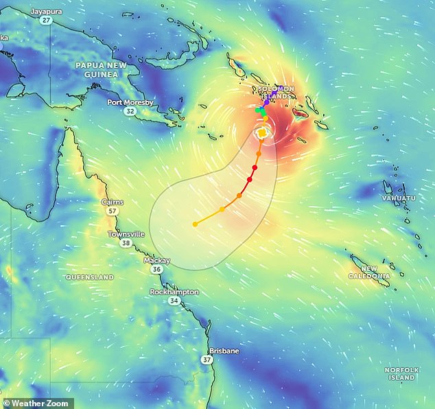 The track of Cyclone Jasper, currently over the Solomon Islands, as predicted by weather models;  The system is likely to hit the Queensland coast near Mackay early next week