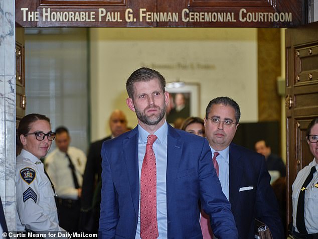 Eric Trump leaves Manhattan Civil Court after making a surprise appearance to watch Trump Organization lawyers rest their defense