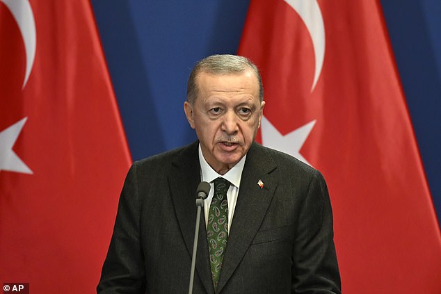Mr Erdogan (pictured) said Western countries that support Israel are complicit in what he called war crimes, adding that Turkey would welcome academics and scientists persecuted for their views on the conflict.