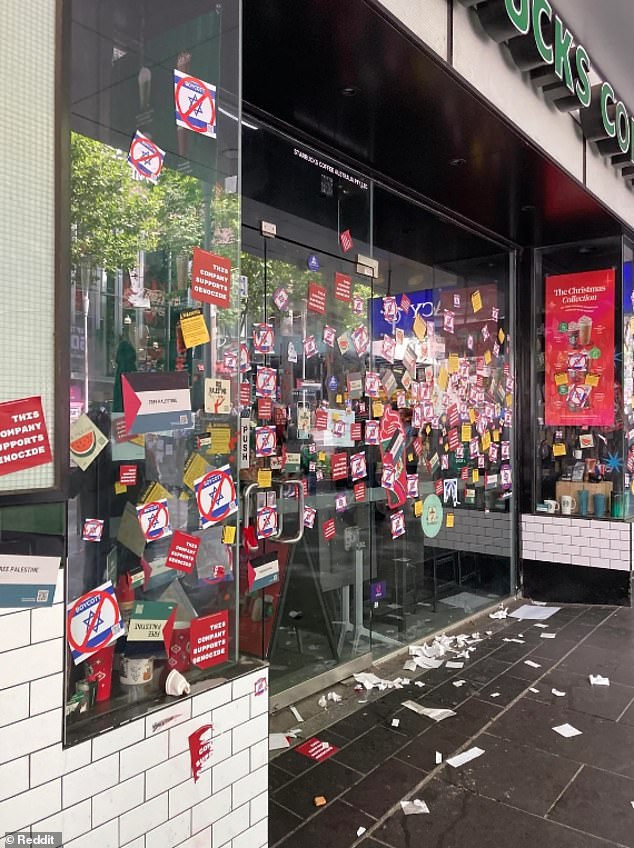 Last month, a Starbucks in Melbourne, Australia, was plastered with anti-Israel stickers and smeared with red paint after it was boycotted by pro-Palestinian activists