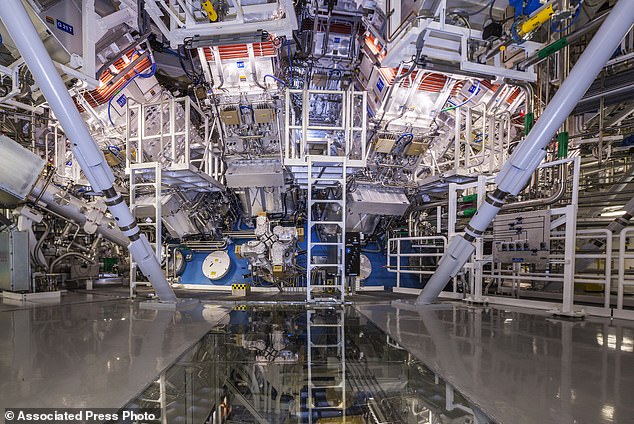 The National Ignition Facility at Lawrence Livermore National Laboratory is pictured above.  The system uses 192 laser beams that converge at the center of this giant ball to explode a small pellet of hydrogen fuel.