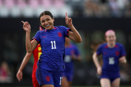 American forward Sophia Smith reacts after scoring against China during the first half at the DRV PNK Stadium on Saturday afternoon.