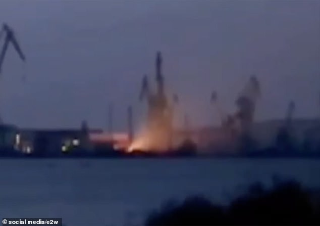 Images show the attack hit the Butoma shipyard in Kerch, near Putin's Grand Bridge that connects the annexed peninsula with Russia