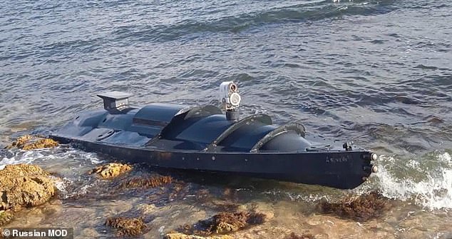 A Ukrainian drone boat washes up at the home base of Russia's Black Sea Fleet near Crimea.  Ukraine used the drones to destroy two Russian warships last month