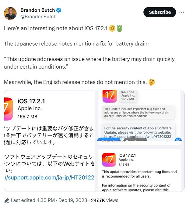 The Japanese release notes mention that it fixes battery drain issues - the English notes don't mention the issue