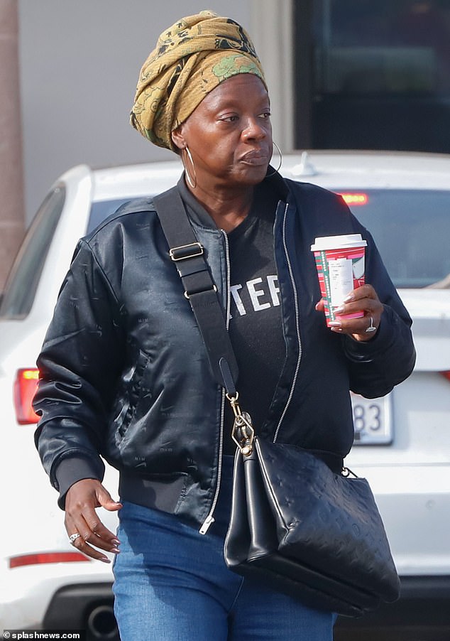 Viola Davis went makeup-free as she wore a chic headscarf and leather crossbody bag for a coffee run in Beverly Hills on Tuesday