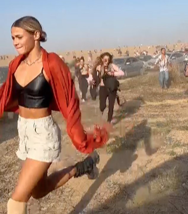 Survivors of the Nova Festival massacre have told Israeli police about the horrors of the October 7 attack.  Pictured: Festival goers fleeing the party as Hamas launched its attack