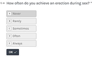 The quiz asks intimate questions about sexual performance for both men and women.  Men are asked how often they get an erection during sex