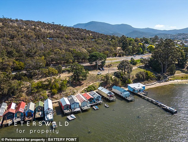 It sits at the end of a series of colorful boat sheds along the bay that estate agent Luci Scutt of Peterswald for Property Battery Point told FEMAIL are rarely offered for sale