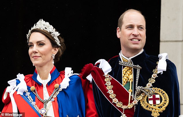 Catherine, Princess of Wales and Prince William, Prince of Wales on the balcony of Buckingham Palace after the coronation of King Charles III