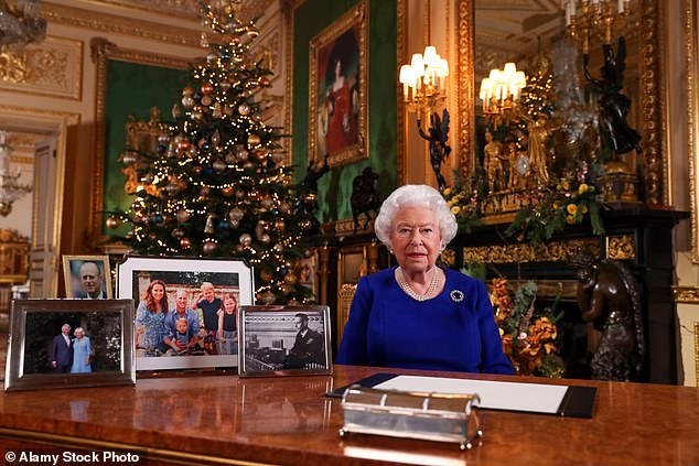 The gang is all there with, from left to right, Charles and Charles and Camilla, Prince Philip, William's family photo and King George VI, the Queen's father.  But there is no sign of Harry, Meghan or baby Archie