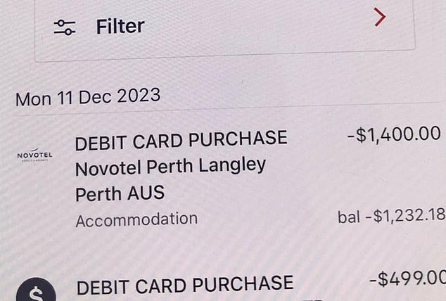 A woman was charged $1,400 by Novotel after her hairdryer triggered a false fire alarm (photo, woman's bank statement)