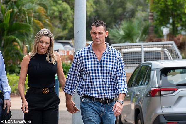 Michael Burbridge, the boyfriend of Outback Wrangler helicopter pilot Mat Wright (pictured right with his wife Jade), was confused when he arrived at Darwin Local Court on Thursday