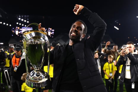 Columbus Crew manager Wilfried Nancy celebrates after winning the MLS Cup final on Saturday afternoon.