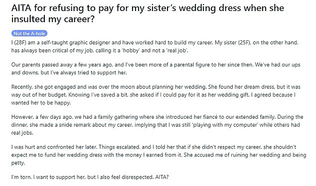 A woman wonders if she's wrong for refusing to pay for her sister's wedding dress after making a joke at work