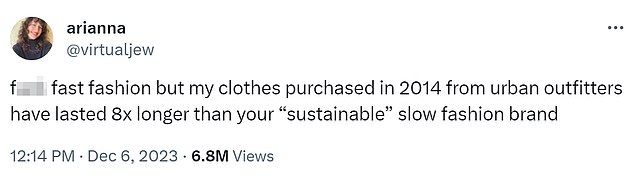 The viral tweet from X-user Arianna from the US (pictured) has sparked a fierce debate online about how quickly fashion has ruined the quality of clothing over the years