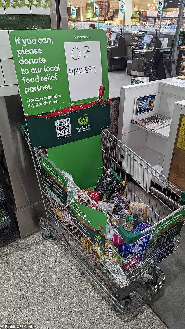 A Woolworths customer was outraged by the OzHarvest food cart (above) in her store, claiming it was 'disgusting', amid accusations of price gouging against the grocer